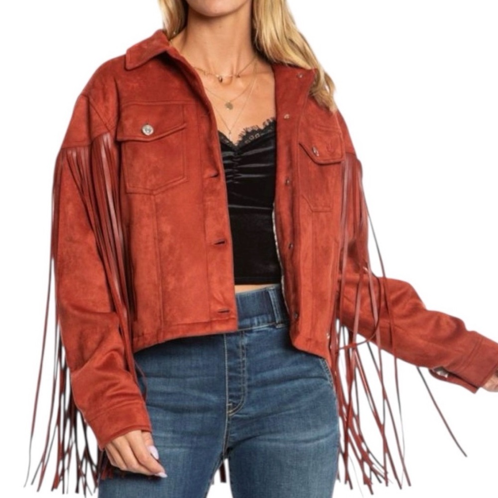 NWT JUICY COUTURE XS RUST ORANGE RED FRINGE TRUCKER JACKET - Picture 7 of 7